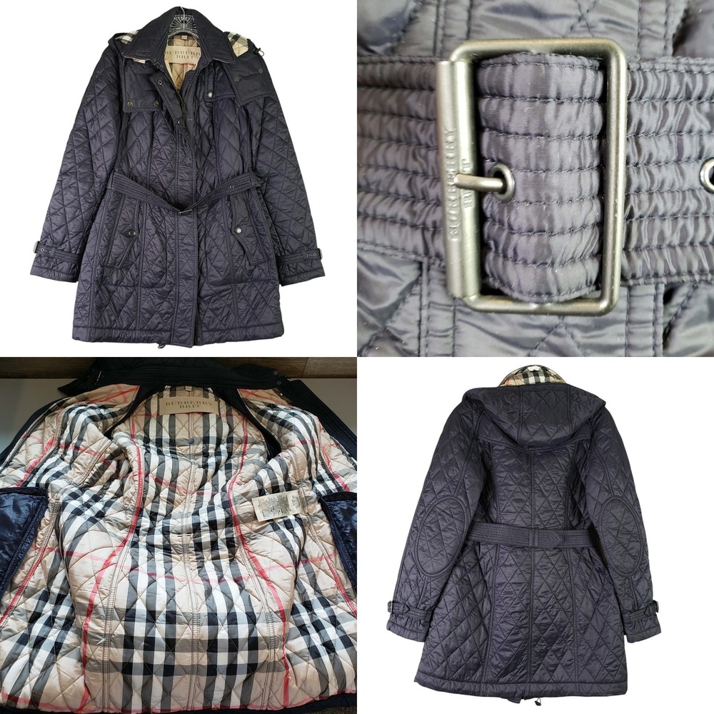 Burberry Brit Quilted Jacket Finsbridge Womens Medium Blue Belted Nova Check